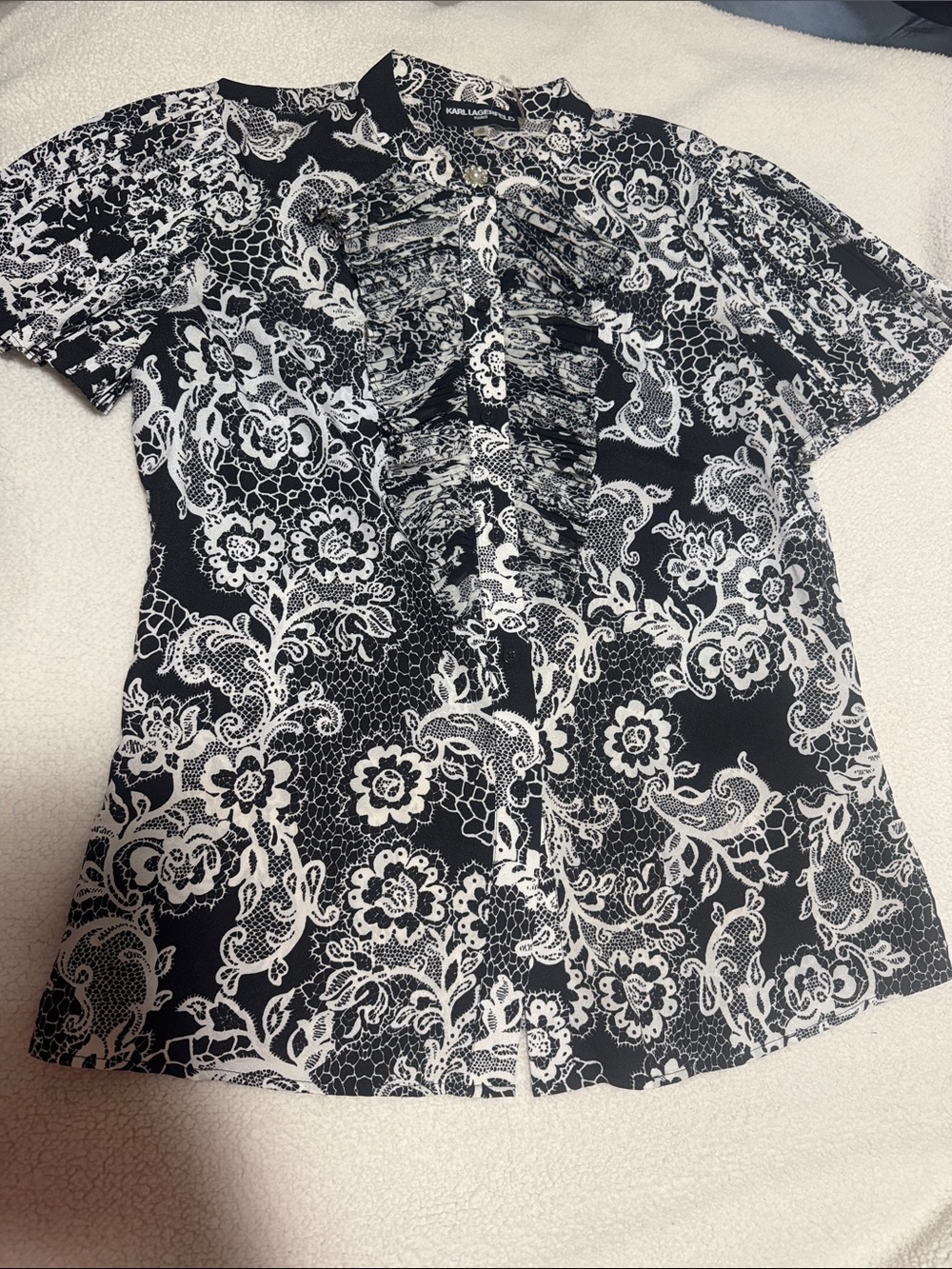 Karl Lagerfeld Black and White Floral Ruffle Front Blouse